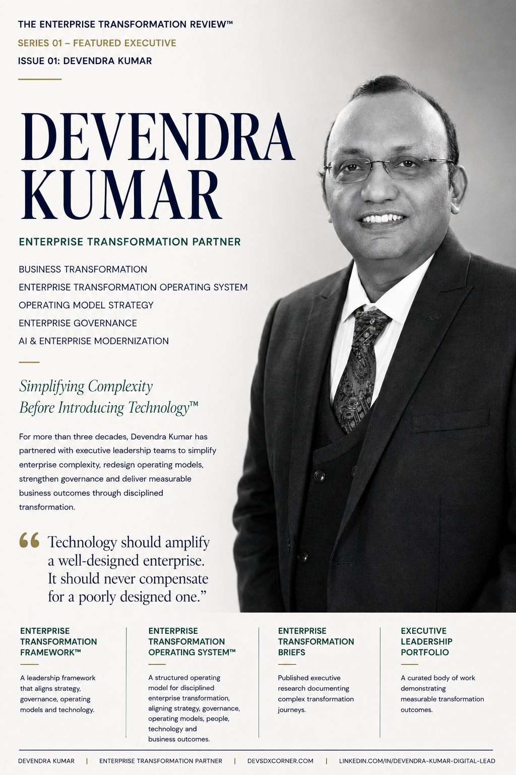 Enterprise Transformation Review Series 01 Issue 01, cover page featuring Devendra Kumar, Enterprise Transformation Partner